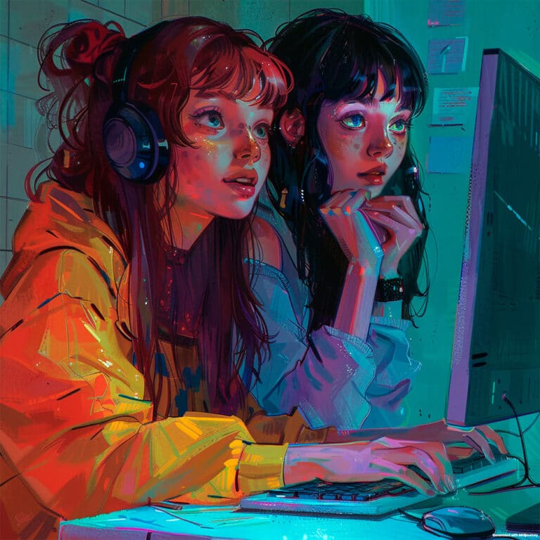 chicas mirando un ordenador dibujo realista inteligencia artificial